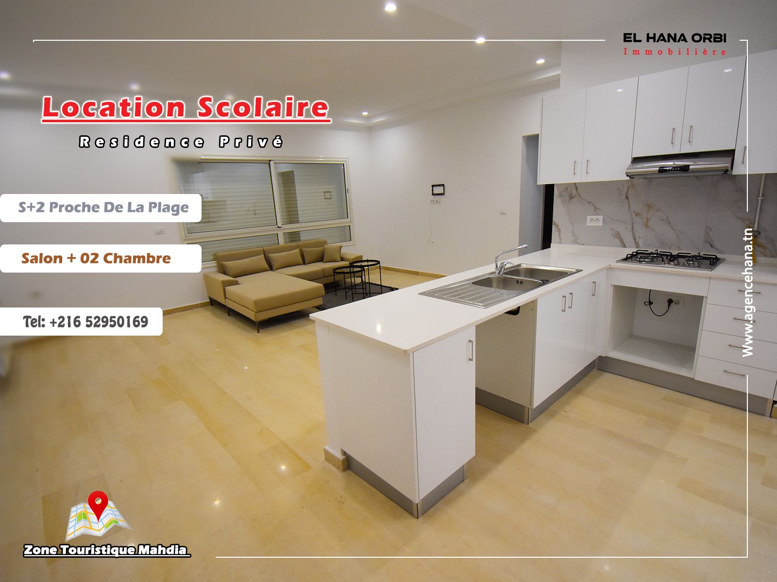 à louer pour location scolaire s+2 neuf en plein zone touristique