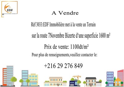 Réf 3033: Terrain de 1600 m à 7 Novembre Bizerte